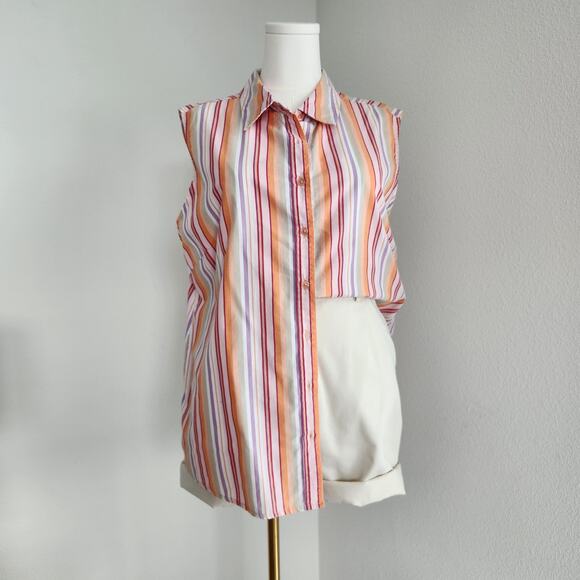 Y2K Basic Editions Orange Pink Striped Sleeveless Button Down Shirt 1X - Picture 1 of 7